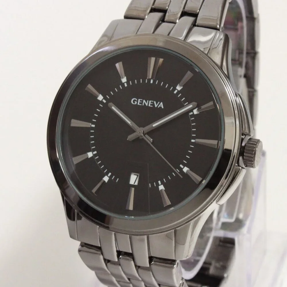 Geneva Men's Casual Quartz Watch Raised Indices GunMetal Finish 42mm